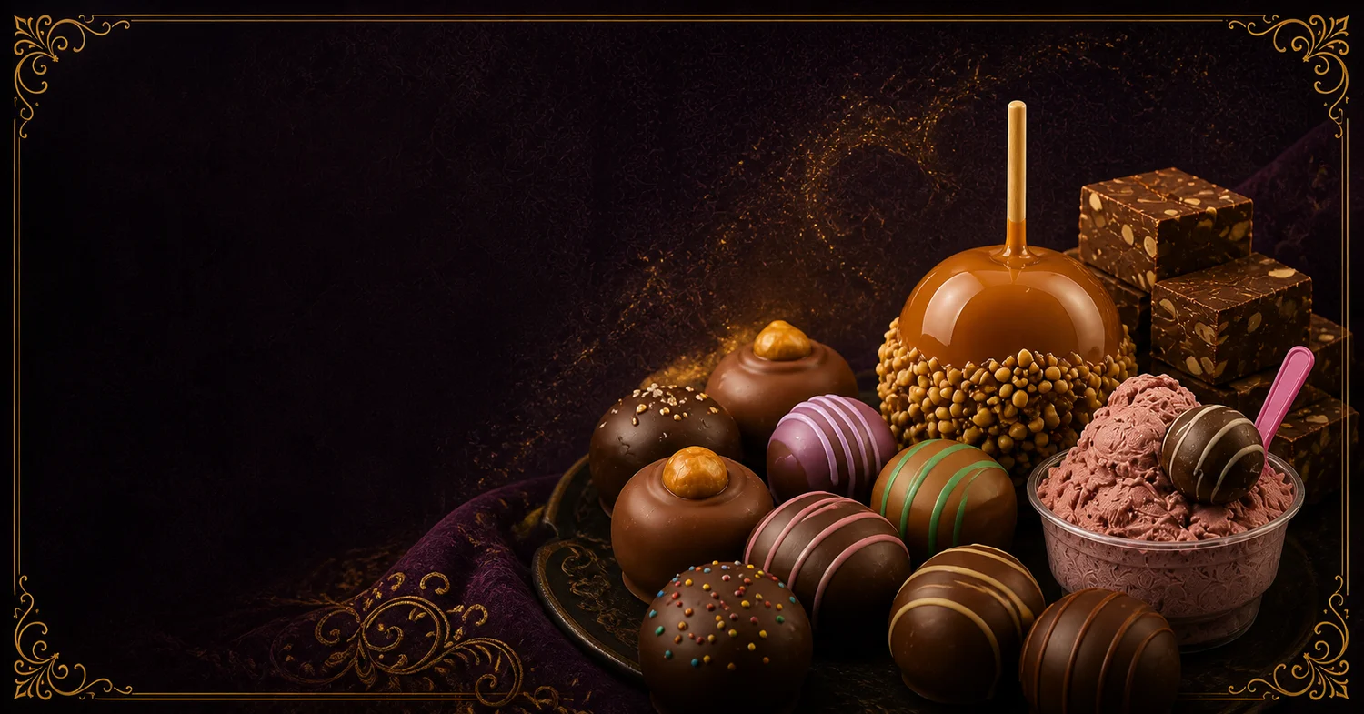 Chocolates, fudge, gelato, and a caramel apple arranged on a dark plum confectionery backdrop